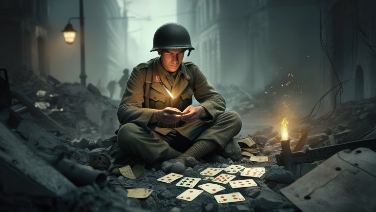 un soldado de la Segunda Guerra Mundial jugando a las cartas en una calle